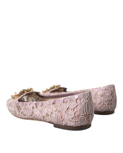Dolce & Gabbana Pink Lace Crystal Ballet Flats Loafers Shoes
