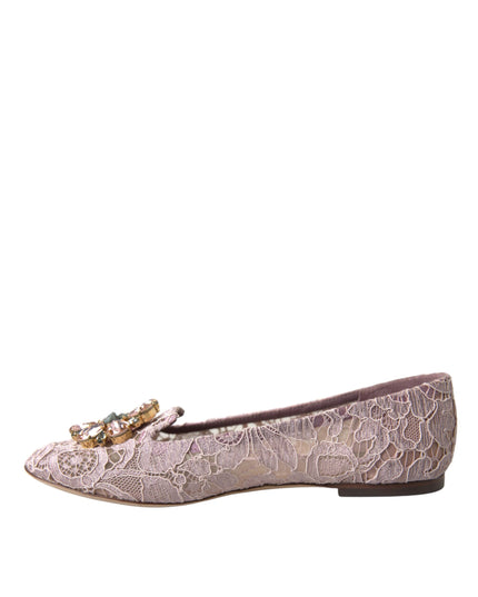 Dolce & Gabbana Pink Lace Crystal Ballet Flats Loafers Shoes