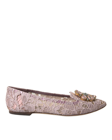 Dolce & Gabbana Pink Lace Crystal Ballet Flats Loafers Shoes