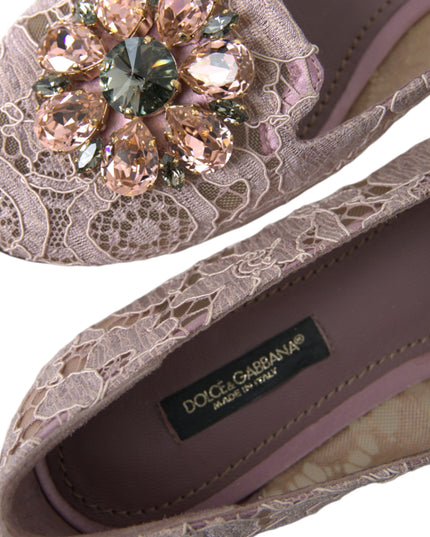Dolce & Gabbana Pink Lace Crystal Ballet Flats Loafers Shoes