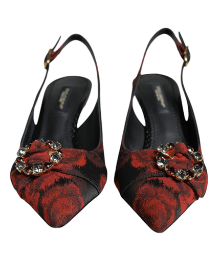 Dolce & Gabbana Black Red Floral Crystal Heel Slingback Shoes