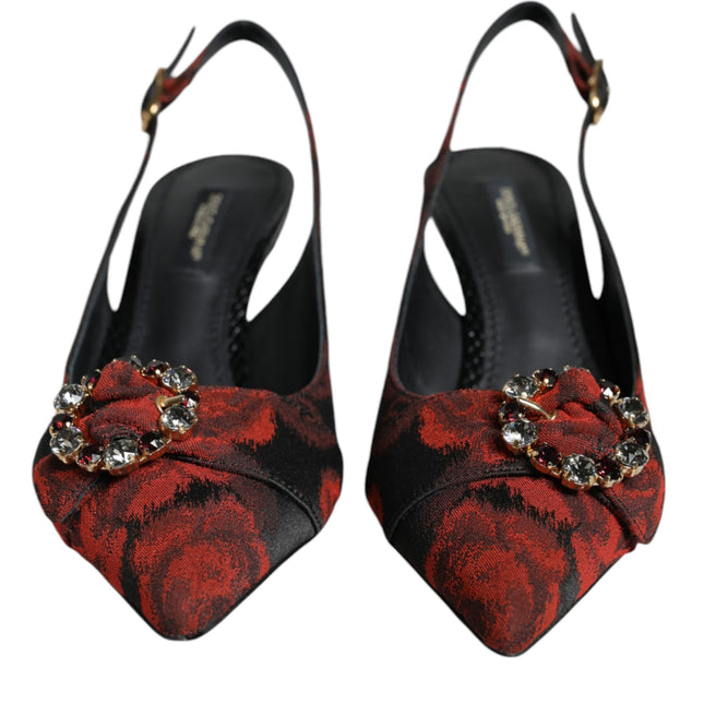 Dolce & Gabbana Black Red Floral Crystal Heel Slingback Shoes