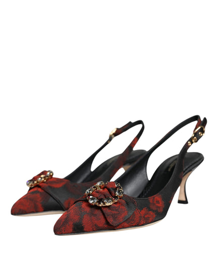 Dolce & Gabbana Black Red Floral Crystal Heel Slingback Shoes