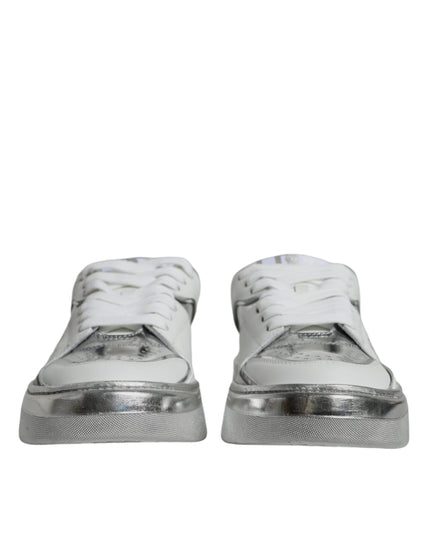 Dolce & Gabbana White Silver Leather Low Top Sneakers Shoes