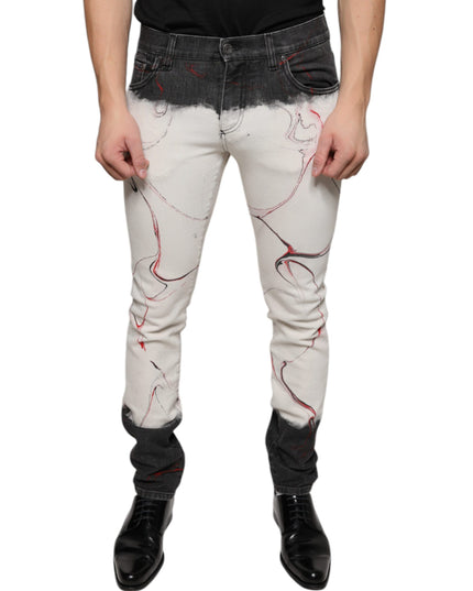Dolce & Gabbana Black White Printed Skinny Men Denim Jeans