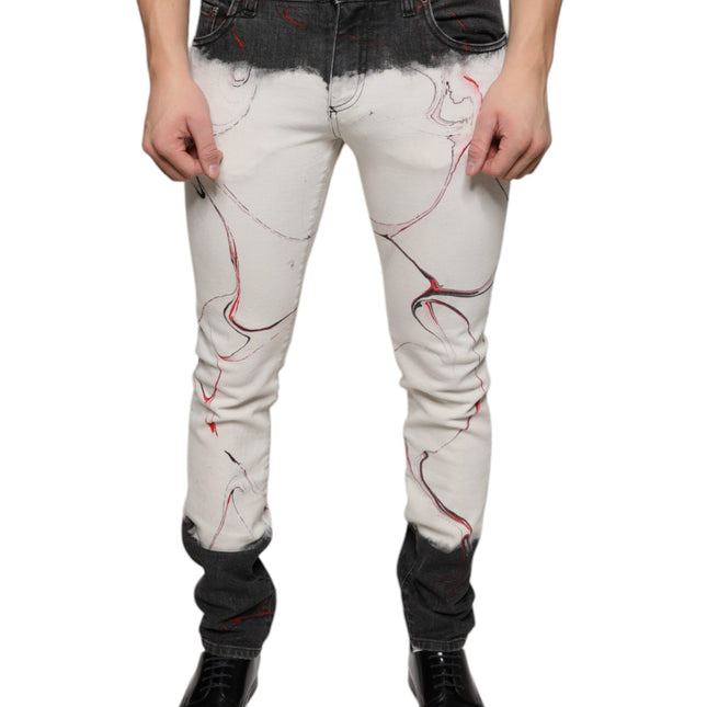 Dolce & Gabbana Black White Printed Skinny Men Denim Jeans