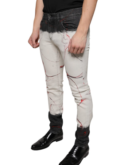Dolce & Gabbana Black White Printed Skinny Men Denim Jeans