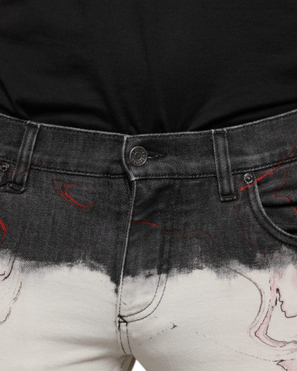 Dolce & Gabbana Black White Printed Skinny Men Denim Jeans