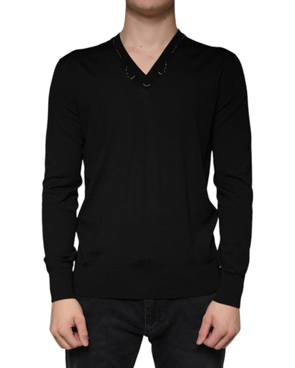 Dolce & Gabbana Black Embellished V-neck Pullover Sweater