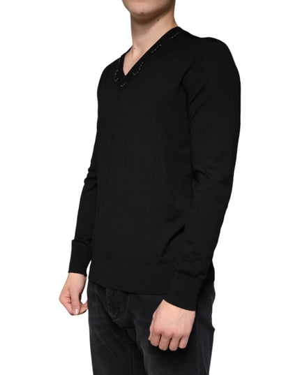 Dolce & Gabbana Black Embellished V-neck Pullover Sweater
