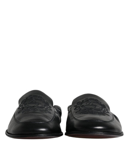 Dolce & Gabbana Black Logo Embroidered Leather Loafer Men Dress Shoes