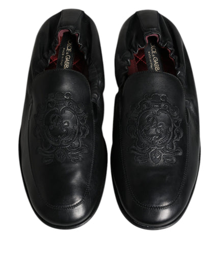 Dolce & Gabbana Black Logo Embroidered Leather Loafer Men Dress Shoes