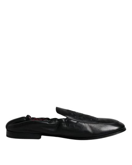 Dolce & Gabbana Black Logo Embroidered Leather Loafer Men Dress Shoes