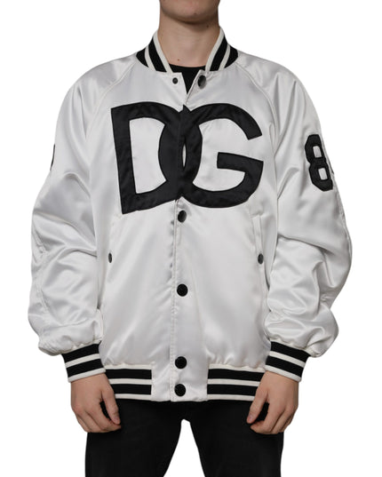 Dolce & Gabbana White Polyester Logo Full Zip Bomber Jacket