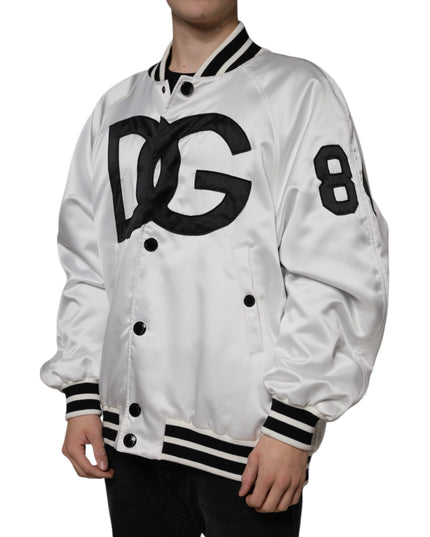 Dolce & Gabbana White Polyester Logo Full Zip Bomber Jacket