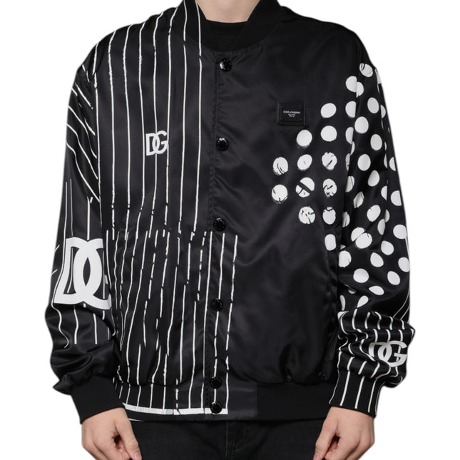 Dolce & Gabbana Black Polka Dot Stripe Nylon Bomber Jacket