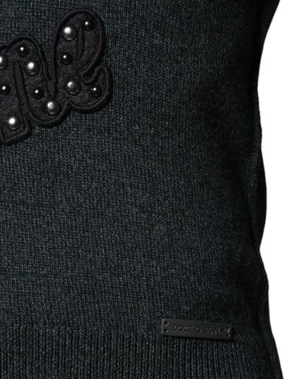 Dolce & Gabbana Gray Embellished Crew Neck Pullover Sweater
