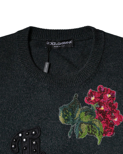 Dolce & Gabbana Gray Embellished Crew Neck Pullover Sweater