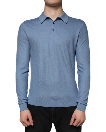 Dolce & Gabbana Sky Blue Silk Collared Men Pullover Sweater