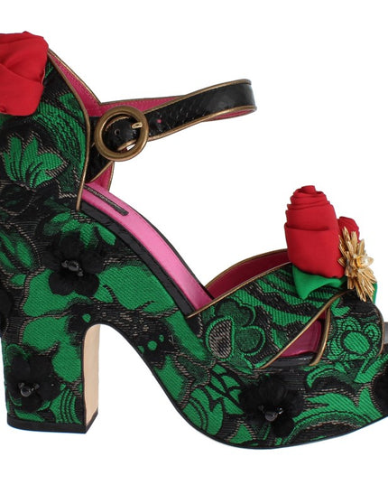 Dolce & Gabbana Green Brocade Snakeskin Roses Crystal Shoes