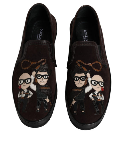 Dolce & Gabbana Brown Suede DG Family Slip On Flats Shoes