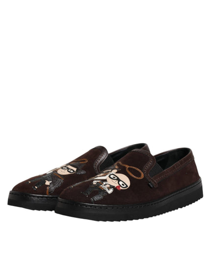 Dolce & Gabbana Brown Suede DG Family Slip On Flats Shoes