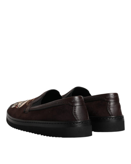 Dolce & Gabbana Brown Suede DG Family Slip On Flats Shoes