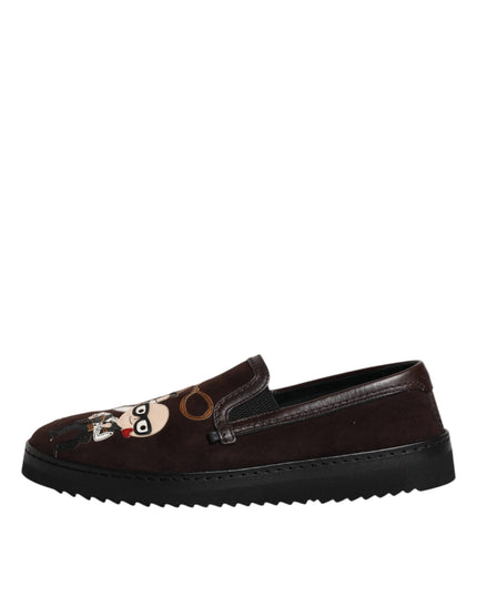 Dolce & Gabbana Brown Suede DG Family Slip On Flats Shoes