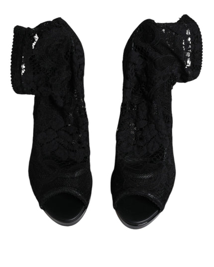 Dolce & Gabbana Black Stretch Taormina Lace Boots Shoes