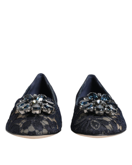 Dolce & Gabbana Blue Taormina Lace Crystals Flats Shoes