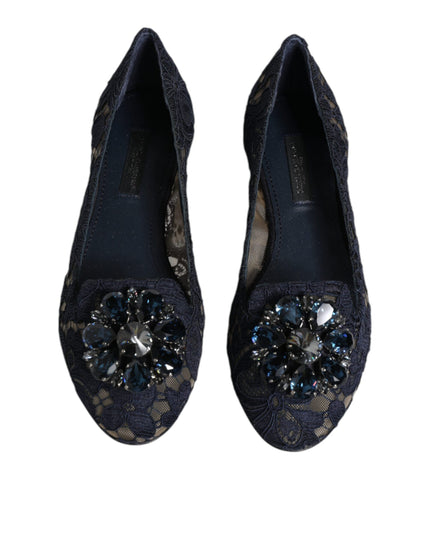 Dolce & Gabbana Blue Taormina Lace Crystals Flats Shoes