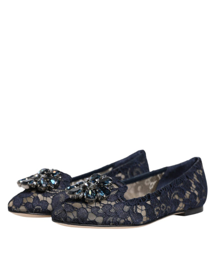 Dolce & Gabbana Blue Taormina Lace Crystals Flats Shoes