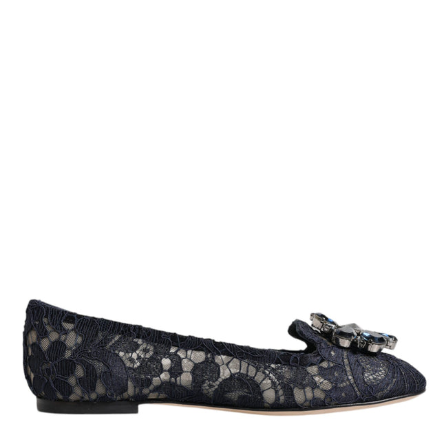 Dolce & Gabbana Blue Taormina Lace Crystals Flats Shoes