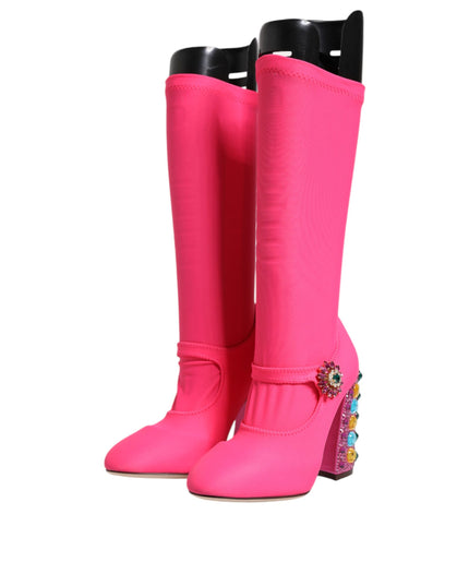 Dolce & Gabbana Pink Nylon Crystal Vally High Boots Shoes