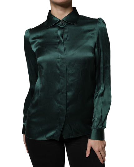 Dolce & Gabbana Dark Green Silk Button Down Long Sleeves Blouse Top