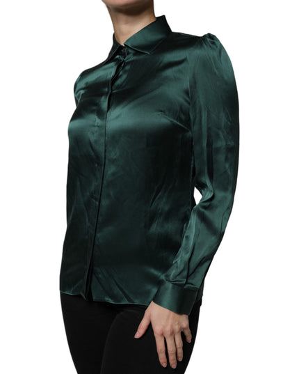 Dolce & Gabbana Dark Green Silk Button Down Long Sleeves Blouse Top