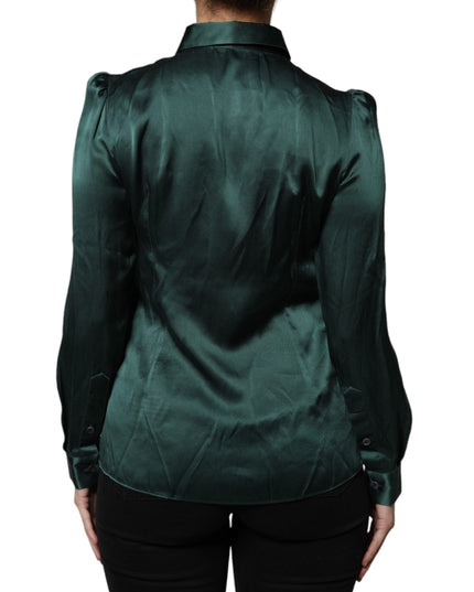 Dolce & Gabbana Dark Green Silk Button Down Long Sleeves Blouse Top
