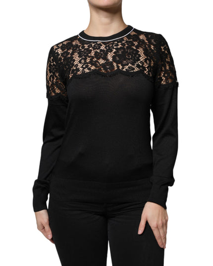 Dolce & Gabbana Black Floral Lace Silk Pullover Blouse Top