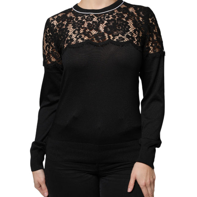 Dolce & Gabbana Black Floral Lace Silk Pullover Blouse Top