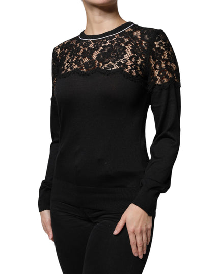 Dolce & Gabbana Black Floral Lace Silk Pullover Blouse Top