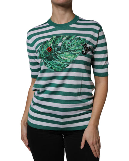 Dolce & Gabbana White Green Stripe Leaf Crew Neck T-shirt
