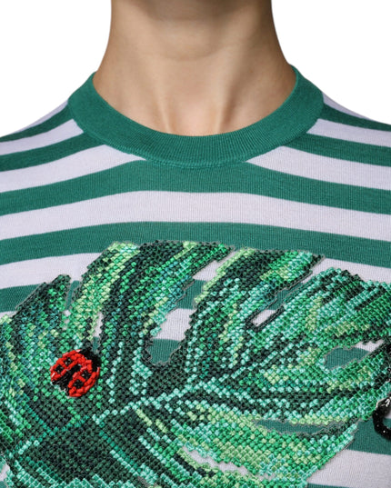 Dolce & Gabbana White Green Stripe Leaf Crew Neck T-shirt