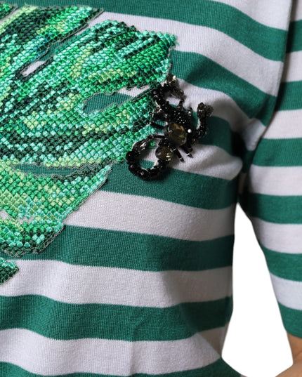 Dolce & Gabbana White Green Stripe Leaf Crew Neck T-shirt