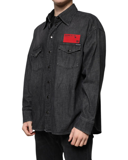 Dolce & Gabbana Black Logo Cotton Button Down Denim Shirt