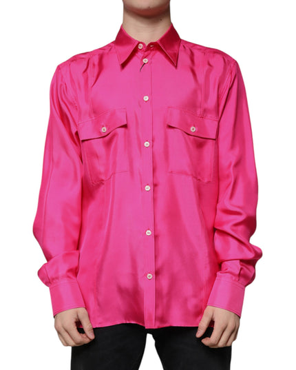 Dolce & Gabbana Pink Silk Collared Button Down Men Shirt