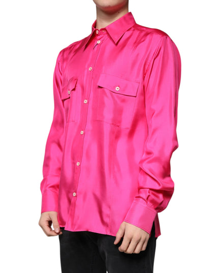 Dolce & Gabbana Pink Silk Collared Button Down Men Shirt
