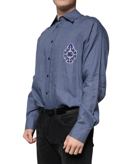 Dolce & Gabbana Blue Logo Long Sleeve Button Down Casual Shirt