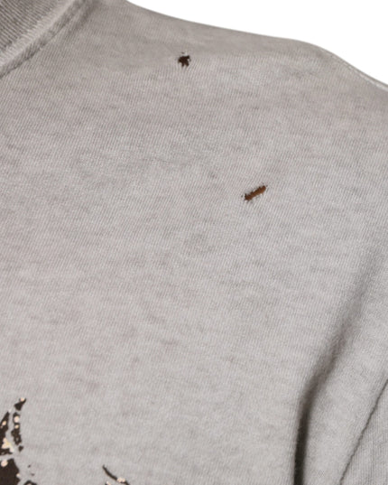 Dolce & Gabbana Gray Printed Cotton Crewneck Pullover Sweater