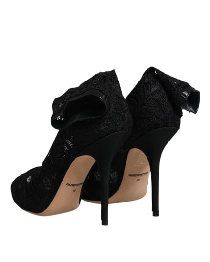 Dolce & Gabbana Black Lace Stretch Heels Mid Calf Boots Shoes