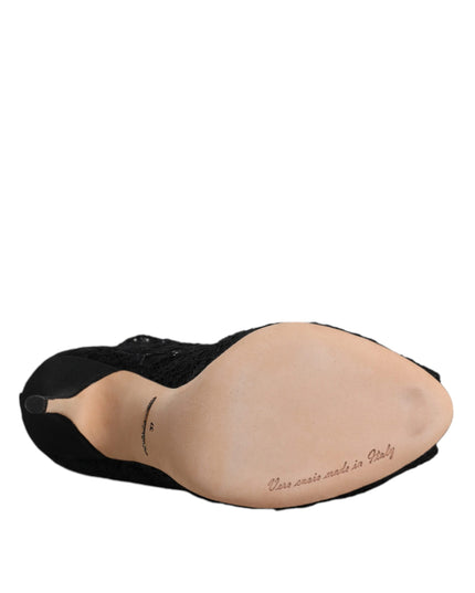 Dolce & Gabbana Black Lace Stretch Heels Mid Calf Boots Shoes